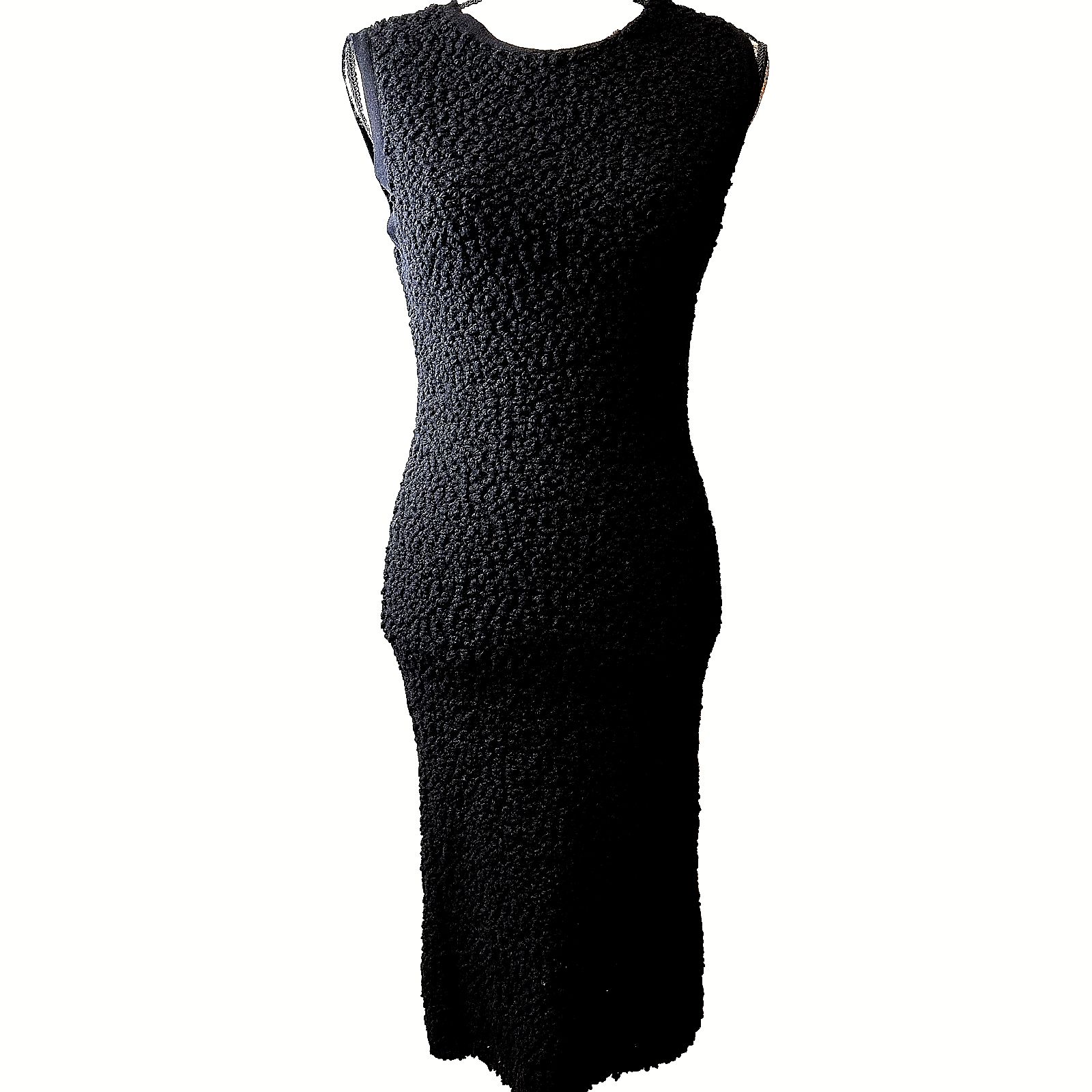 Calvin Klein Collection Black Curly Lana Wool Midi Dress Sz 6 Slim Sheath Italy